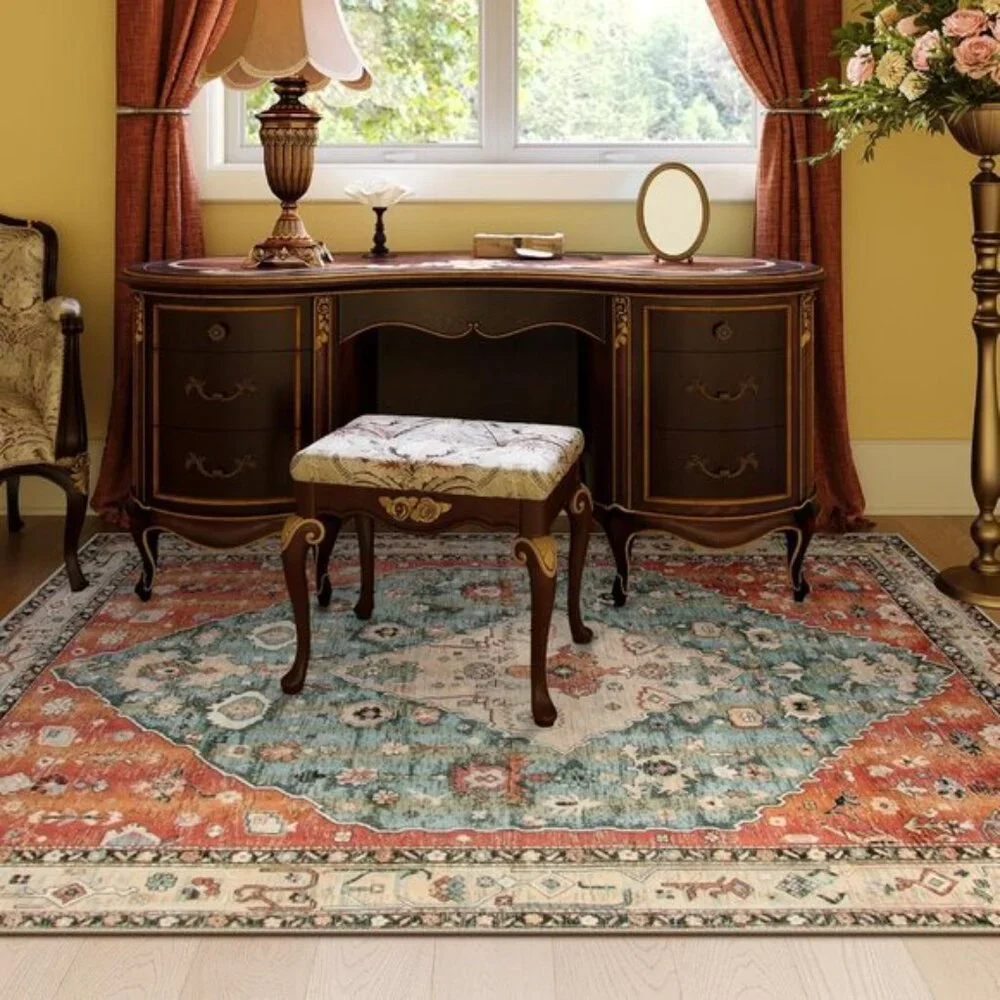 5x7 Boho Tribal Rug, Washable Distressed Rust/Teal Carpet for Living & Dining
